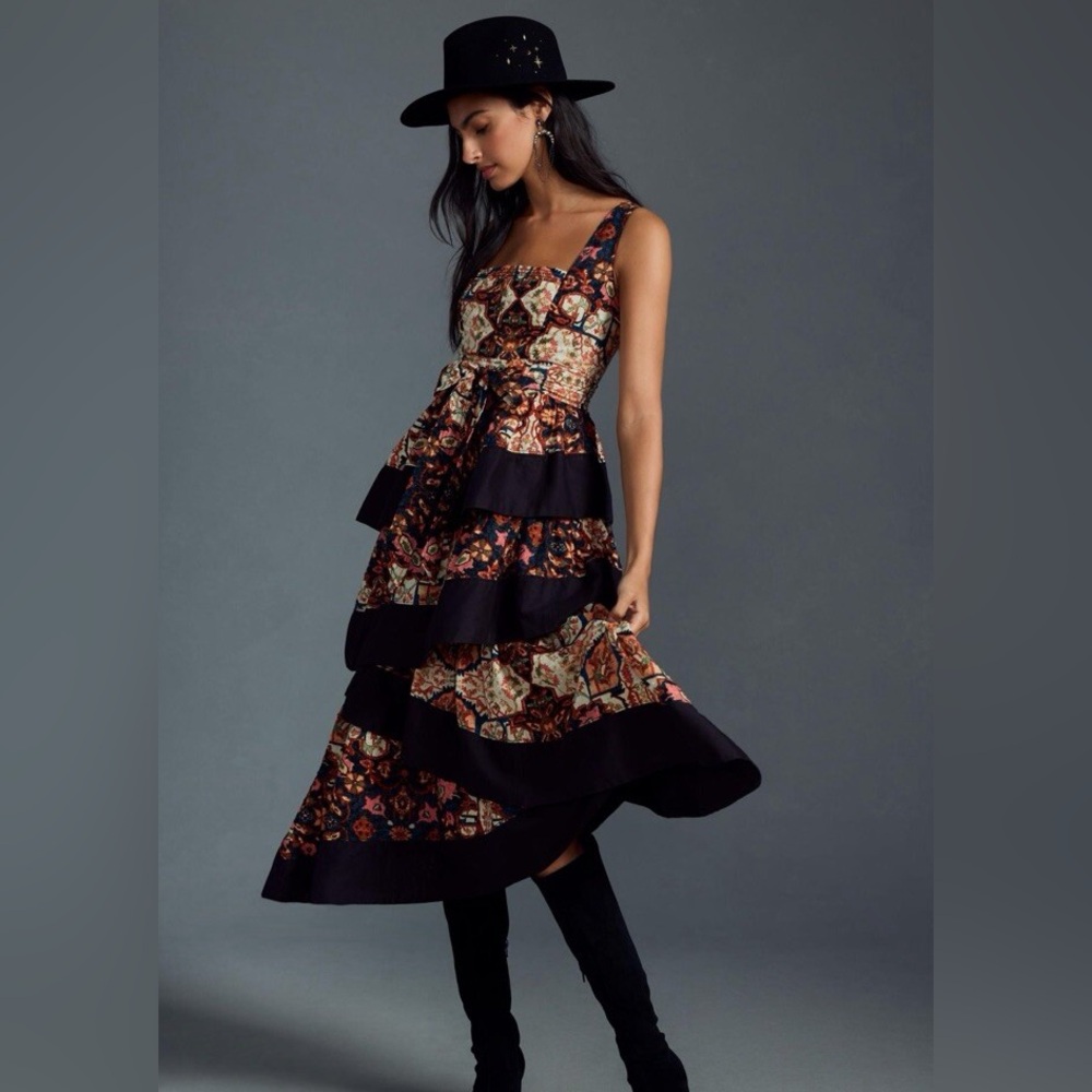Anthropologie Floral Tiered Midi Dress